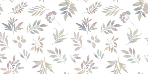 watercolor branches, leaves and berries, seamless pattern, on a white background, for the design of wrapping paper, wallpaper, textiles