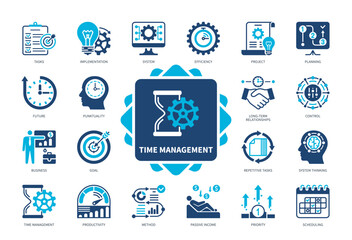 Time Management icon set. Planning, Scheduling, Productivity, Project, Tasks, Passive Income, Implementation, Priority. Duotone color solid icons