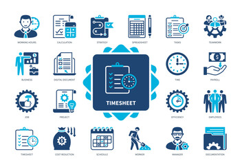 Timesheet icon set. Employees, Spreadsheet, Tasks, Working Hours, Documentation, Payroll, Calculation, Cost Reduction. Duotone color solid icons