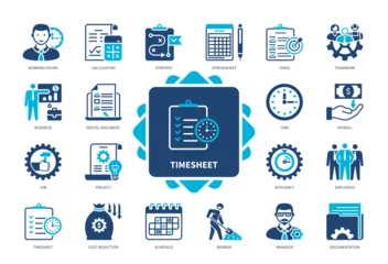 Foto op Canvas Timesheet icon set. Employees, Spreadsheet, Tasks, Working Hours, Documentation, Payroll, Calculation, Cost Reduction. Duotone color solid icons © Genestro