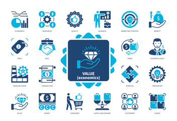 Value (Economics) icon set. Manufacturing, Customers, Goods, Marketing Strategy, Service, Quality, Innovation, Consumer. Duotone color solid icons - obrazy, fototapety, plakaty