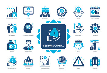 Venture Capital icon set. Emerging Companies, Startup, Business, Investment, Partnership, Shares, Strategic Thinking, Profit. Duotone color solid icons