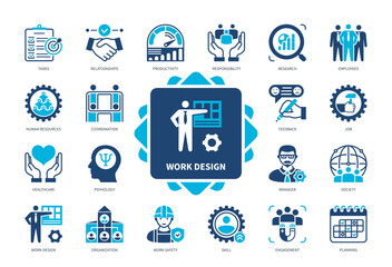 Work Design icon set. Planning, Human Resources, Research, Organisation, Work Safety, Coordination, Productivity, Psychology. Duotone color solid icons