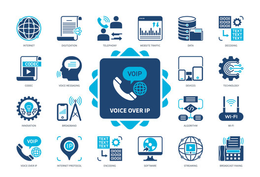 Voice over IP VOIP icon set. Devices, Codec, Streaming, Broadband, Voice Messaging, Internet Telephony, Website Traffic, Software. Duotone color solid icons