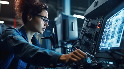 A female engineer programming a CNC Machine at factory.