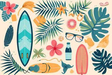 Hawaiian and surfing colorful elements concept - obrazy, fototapety, plakaty