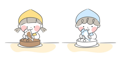 케이크를 만드는 아이들 일러스트. 짤주머니로 케이크 장식하는 모습.