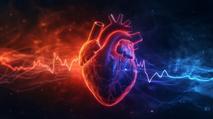 Human heart shape with blue purple cardio pulse line