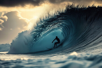 surf scene with pipeline wave and rider - obrazy, fototapety, plakaty