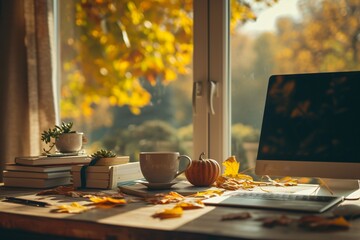desk of free space and autumn time - obrazy, fototapety, plakaty