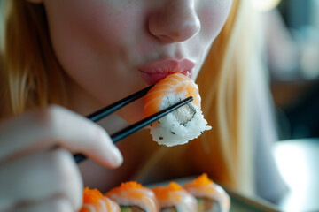 Photo of attractive blonde woman with love to food sushi