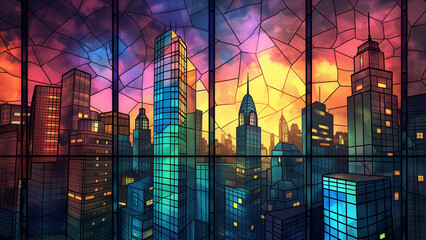 Tranquil Night in Glass: A Stained Cityscape