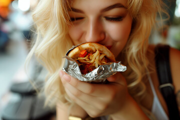 Photo of attractive blonde woman with love to food turkish kebab