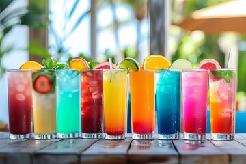 Colorful line-up of summer cocktails with fruit garnishes on an outdoor bar counter.