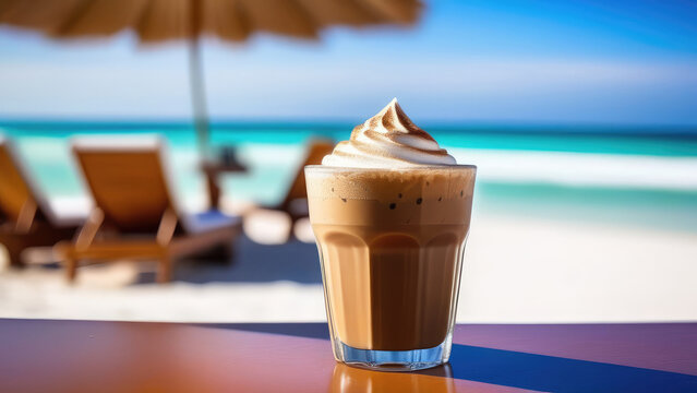 Glass of cold iced coffee cocktail on beach bar counter, blue sky, white oceanic sand, light blurred background, selective focus, copy space