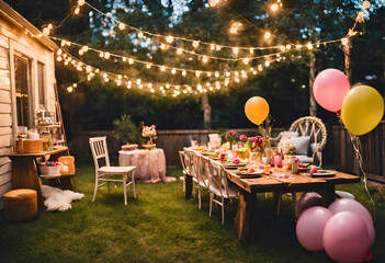 A warm backyard scene with trees decorated with fairy lights