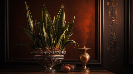 still life composition featuring a Snake Plant arranged in an antique vase