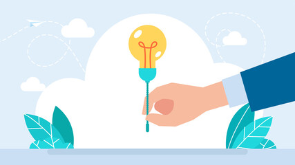 Businessman's hand turns on light bulb. Turn on creativity, inspiration, new idea, solution or innovation to solve problem, enable knowledge or creativity concept. Flat illustration