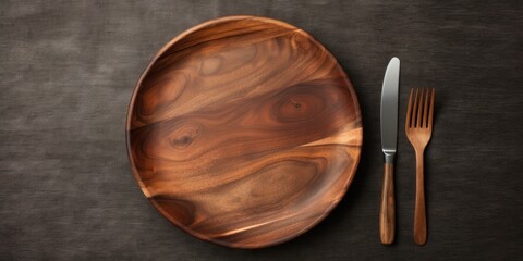 Wooden plate and cutlery on table. Empty plate. Mockup food concept. Copy space. Jakarta, Indonesia. November 2nd, 2023.