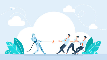 Robot tug of war with people. Team pulling rope against robot with AI. Competition, job loss, workers replacement by AI. Artificial intelligence technology business competition. Flat illustration - obrazy, fototapety, plakaty