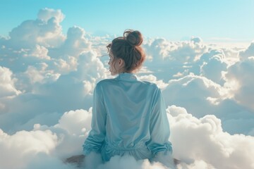 a woman in blue pajamas is sitting on clouds. Generative AI
