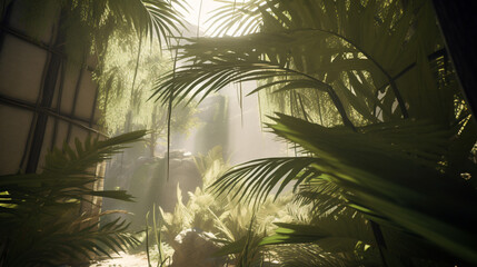 Bamboo Palm canopy basking in soft sunlight