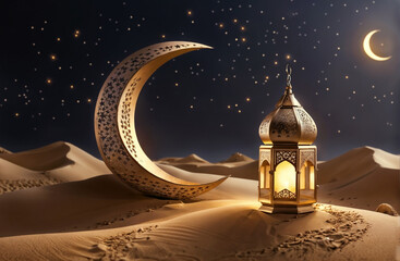In an Islamic Ramadan Eid Ramzan Kareem setting, a radiant lantern adorns a sand dune, suspended from a crescent moon against a starry, full-moon sky