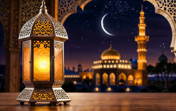 Islamic ramadan Ramzan Eid Theme. A lit lantern is in the foreground, with a mosque in the background. The night sky features a crescent moon and stars