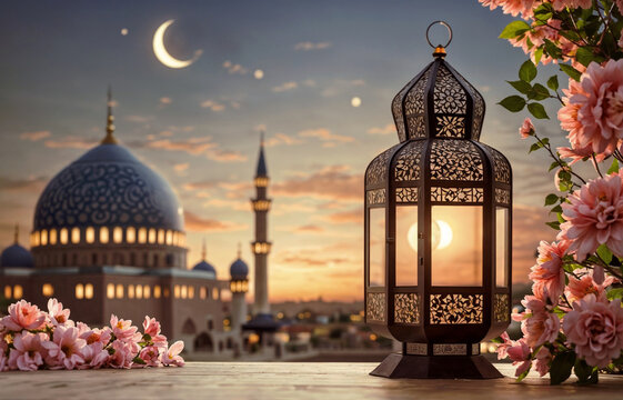 Islamic theme of ramzan kareem. Lantern, mosque backdrop, pink flowers, and the moon&mdash;capturing the essence of Ramadan and Eid in Islamic theme