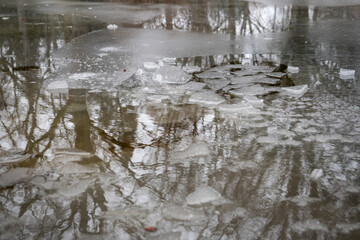 Melting ice and snow in the park, warmer weather and spring is coming