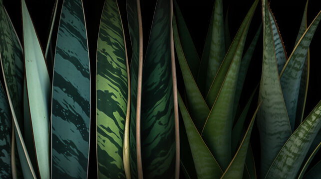 Photograph hyper-realistic images capturing abstract patterns created by Snake Plant leaves in unique and creative compositions. Frame the scenes to emphasize the artistic and organic nature