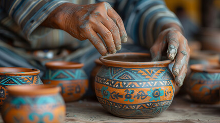 Hand-painted pottery being decorated by artist - obrazy, fototapety, plakaty