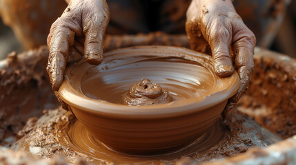 Muddy hands shaping a clay pot on a wheel
