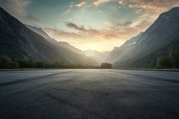 Fototapeten Empty asphalt square and mountain scenery at sunrise © cong