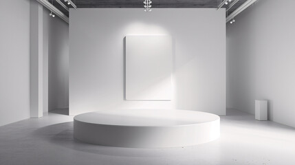 Contemporary art gallery space featuring a minimalist white stage with a spotlight on a blank wall canvas, ready for an exhibition or installation.