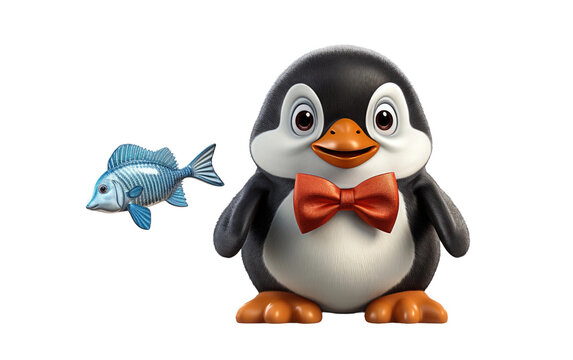 Penguin With Bow Tie and Fish on Transparent Background