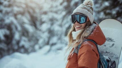 Young smiling woman dressed in ski suit standing with snowboard on ski slope