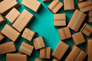 Pile of various size taped up cardboard boxes isolated on green background.