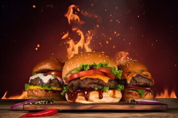 Fresh tasty burger with fire splash on dark background. Generative AI