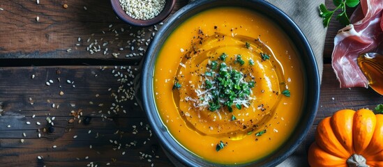 Serving a bowl of pumpkin soup with sesame, prosciutto, parmesan, olive oil, balsamic, and herbs. - obrazy, fototapety, plakaty