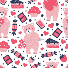 Seamless pattern of teddy bear and sweets. Background for Valentine's Day. - 725342633