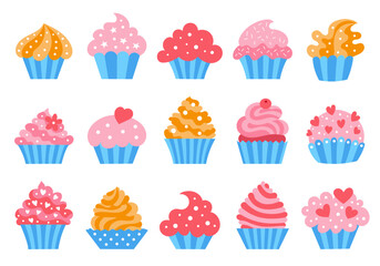 A set of cupcakes with different tastes. Flat style. Vector illustration. - 725342640