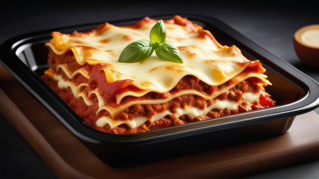 Lasagna in a baking dish on the table, pasta with ingredients, minced meat, cheese and herbs. AI.