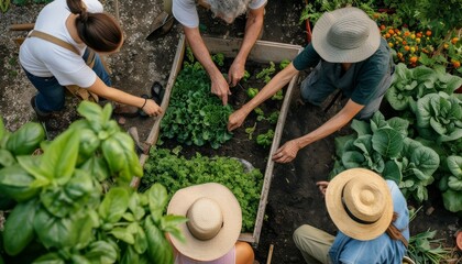top view, on five people, with summer hats working together on a vegetable patch, in summer