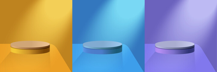 Set of yellow, blue, and purple realistic 3d cylinder podium with hanging neon sunlight. Stage showcase, Award Ceremony and Product display Vector.