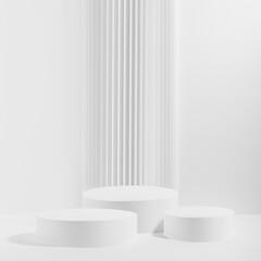 Three white round podiums with striped column as geometric decor, mockup on white background. Template for presentation cosmetic products, gifts, goods, advertising, design, showing, summer style.