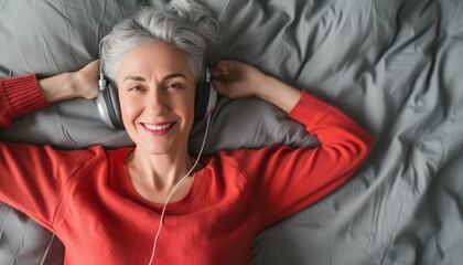 pretty older woman with gray hair, red sweater, lying on gray bed linen with headphones and her hands on her head, friendly smile