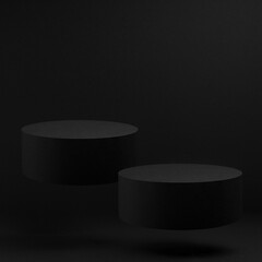 Two black round podiums levitate, set, mockup on black background, shadow. Template for presentation cosmetic products, gifts, goods, advertising, design, display, showing in rich black friday style.