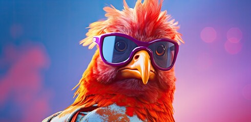 A stylish rooster sporting sunglasses and confidently gazing at the camera.
