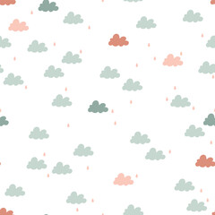 Seamless vector pattern with fun clouds and raindrops. Scandi theme design. Cute hand drawn background for kids room decor, nursery art, apparel, packaging, wrapping paper, textile, fabric, wallpaper.